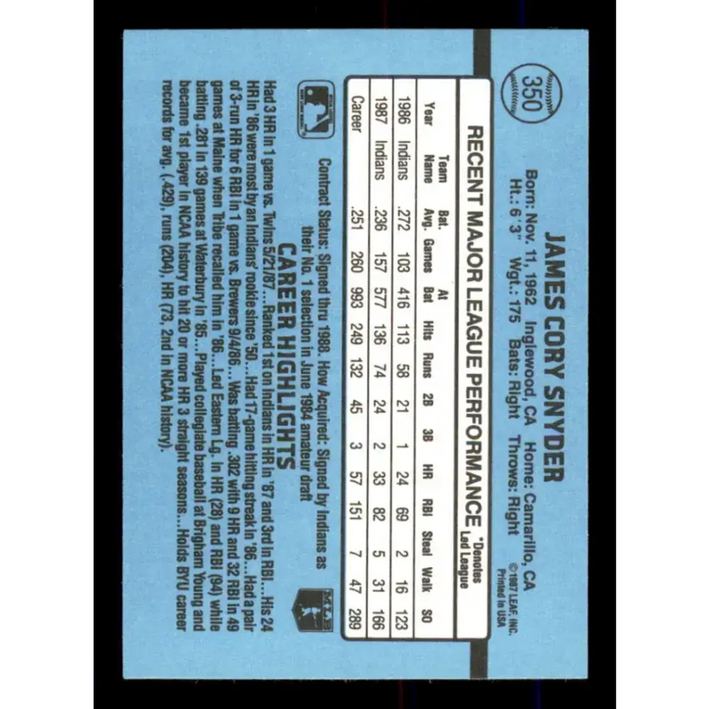 1988 Donruss #350 Cory Snyder EX Cleveland Indians Baseball Card - Baseball Card Single