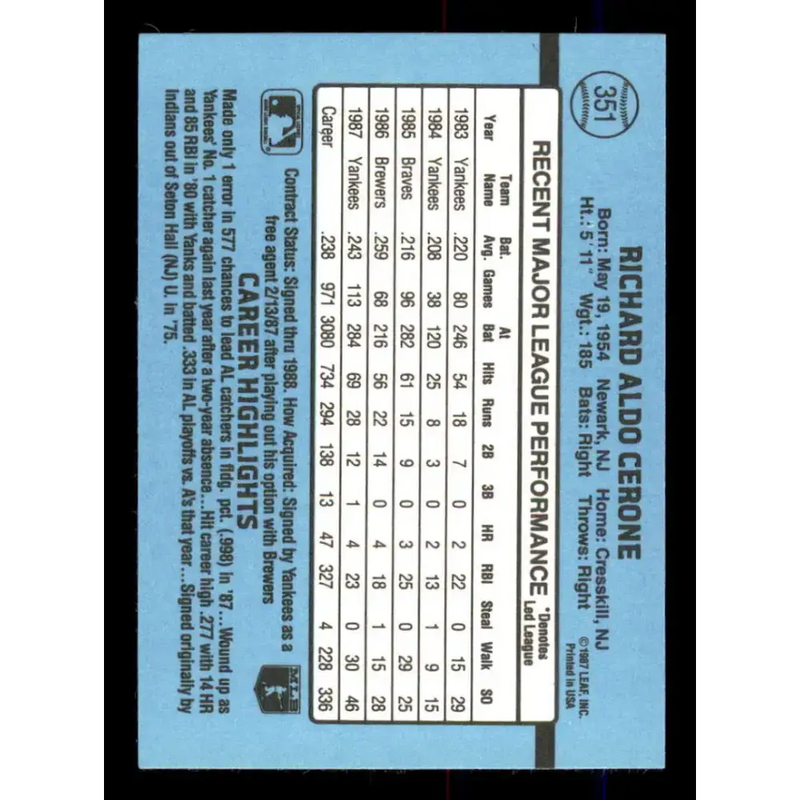 1988 Donruss #351 Rick Cerone EX New York Yankees Baseball Card - Baseball Card Single