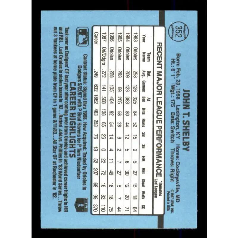 1988 Donruss #352 John Shelby EX Los Angeles Dodgers Baseball Card - Baseball Card Single