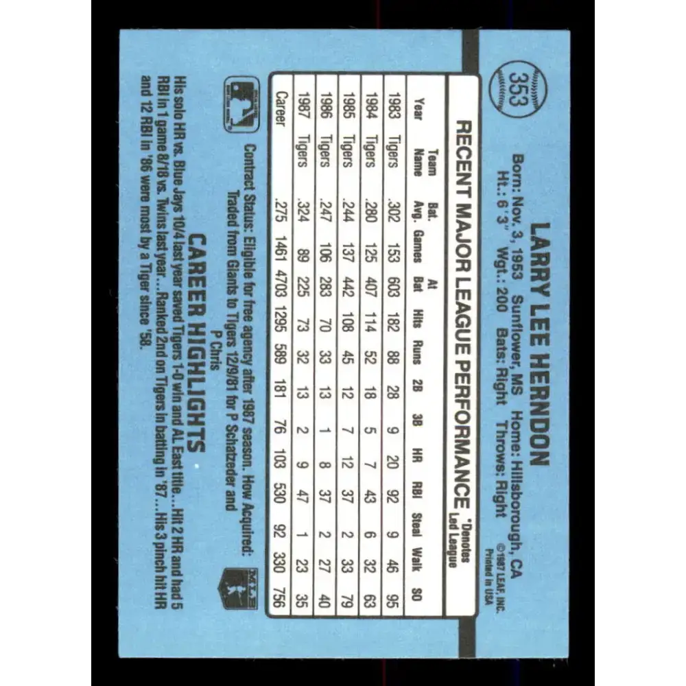1988 Donruss #353 Larry Herndon EX Detroit Tigers Baseball Card