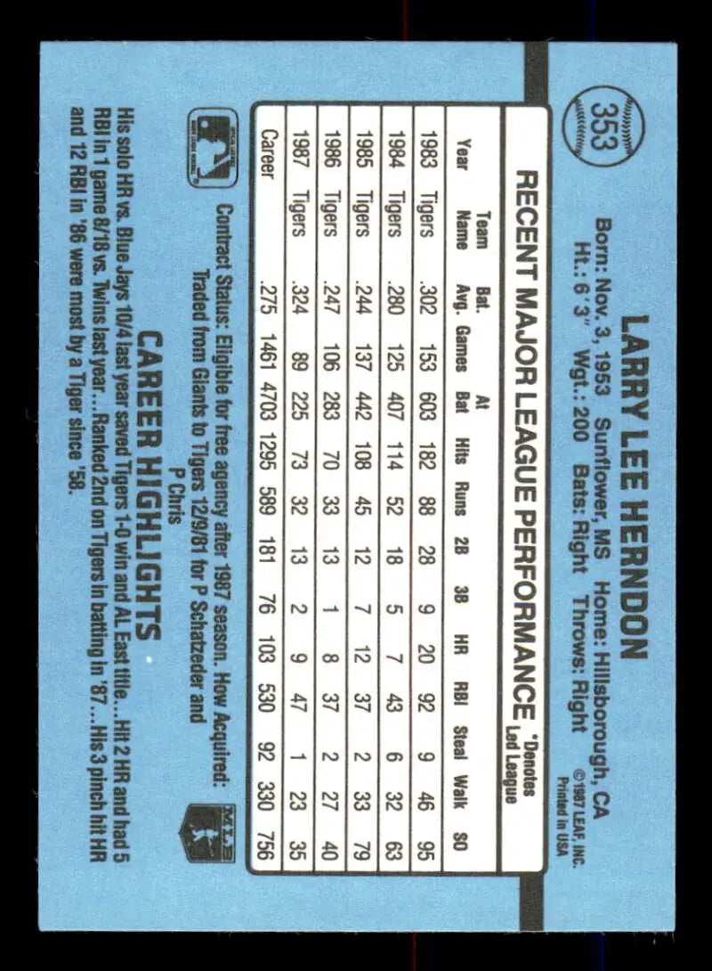 1988 Donruss #353 Larry Herndon NM-MT Detroit Tigers Baseball Card - Baseball Card Single