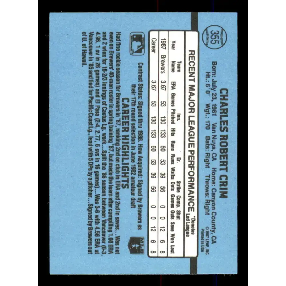 1988 Donruss #355 Chuck Crim EX Milwaukee Brewers Baseball Card