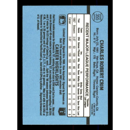 1988 Donruss #355 Chuck Crim EX Milwaukee Brewers Baseball Card