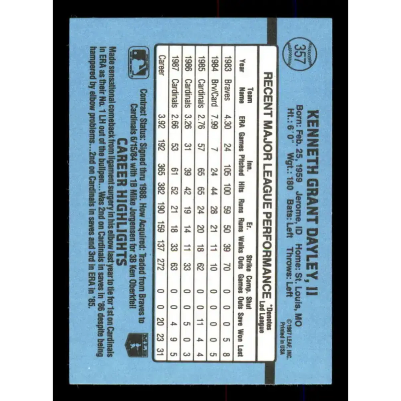 1988 Donruss #357 Ken Dayley EX St. Louis Cardinals Baseball Card - Baseball Card Single