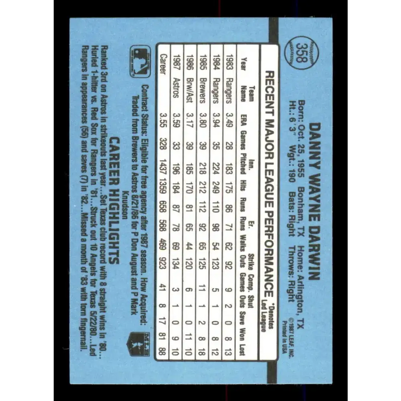 1988 Donruss #358 Danny Darwin EX Houston Astros Baseball Card - Baseball Card Single