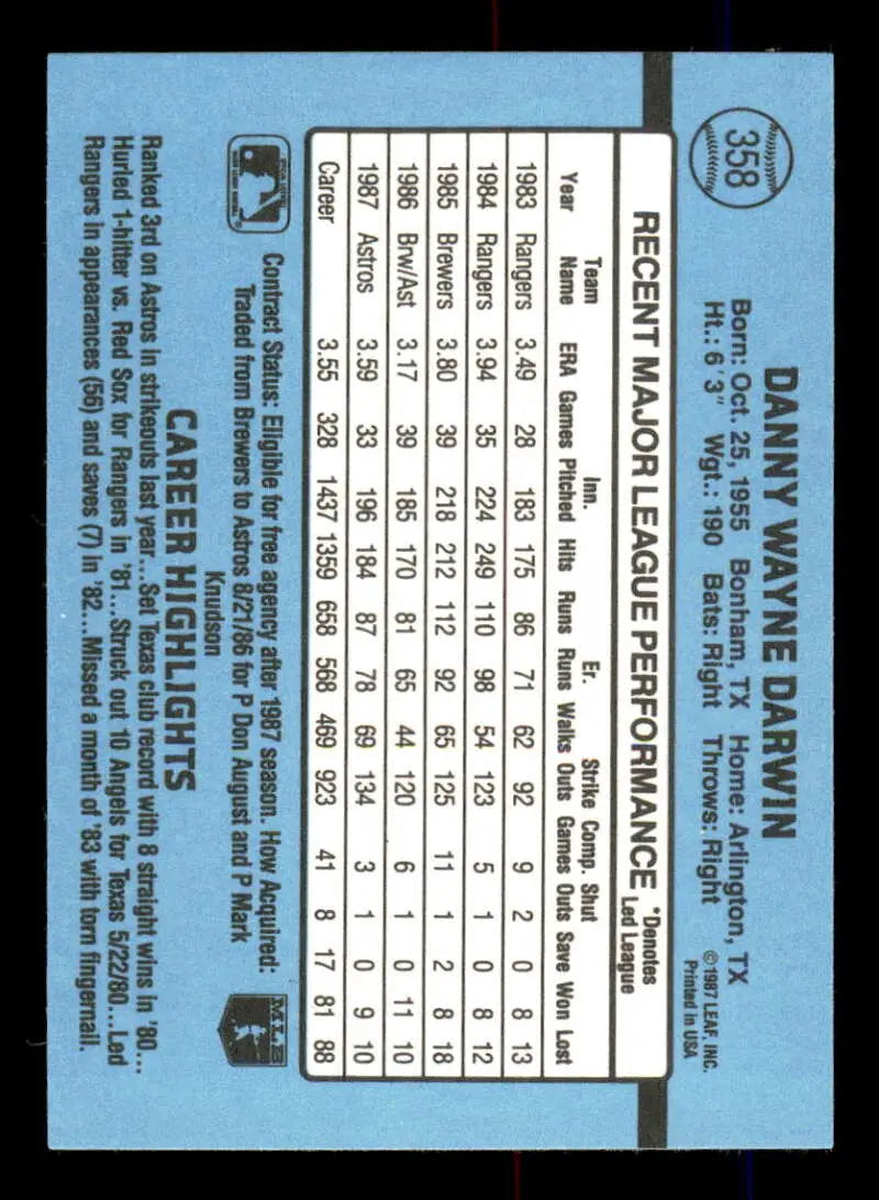 1988 Donruss #358 Danny Darwin NM-MT Houston Astros Baseball Card - Baseball Card Single