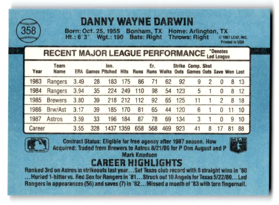 1988 Donruss #358a Danny Darwin - Baseball Card Single