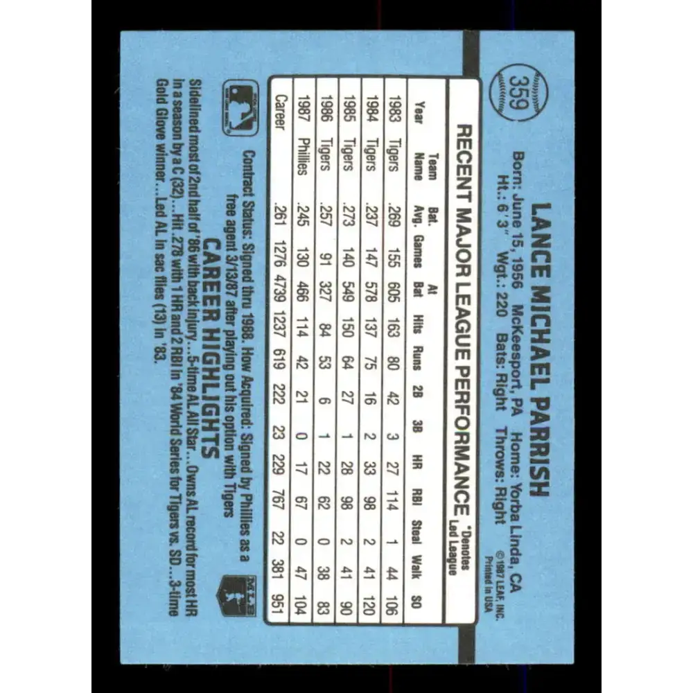 1988 Donruss #359 Lance Parrish EX Philadelphia Phillies Baseball Card - Baseball Card Single