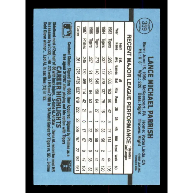 1988 Donruss #359 Lance Parrish EX Philadelphia Phillies Baseball Card - Baseball Card Single