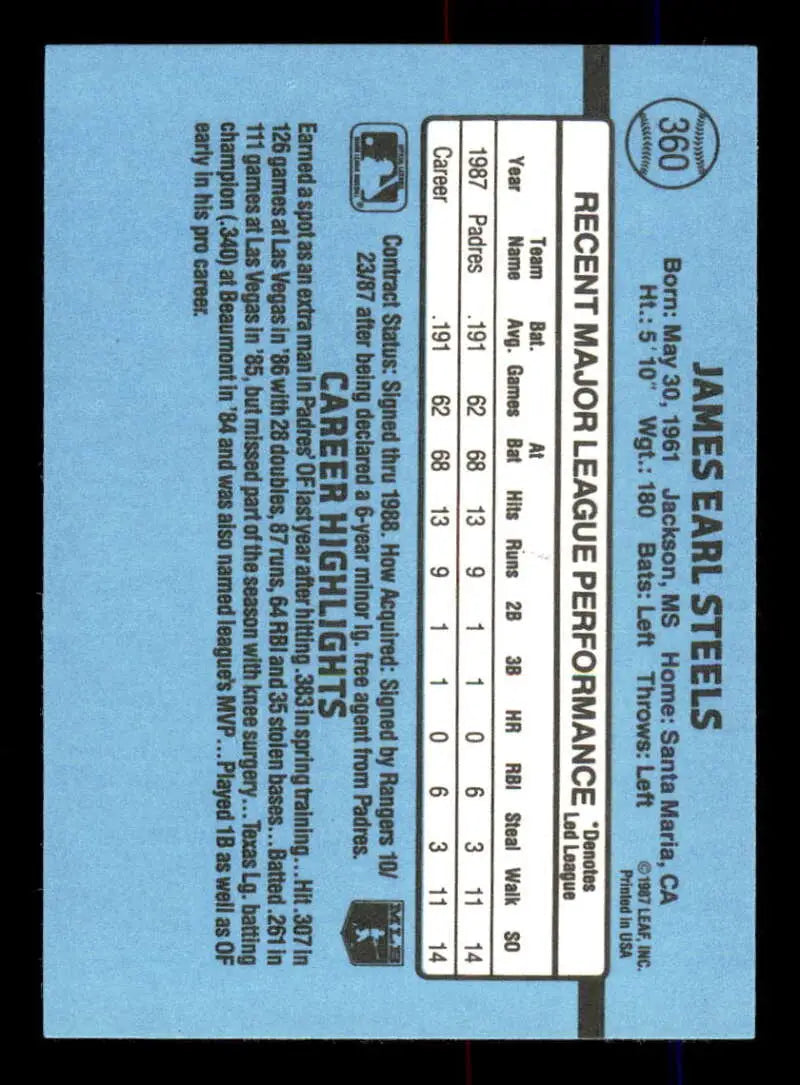 1988 Donruss #360 James Steels NM-MT San Diego Padres Baseball Card - Baseball Card Single