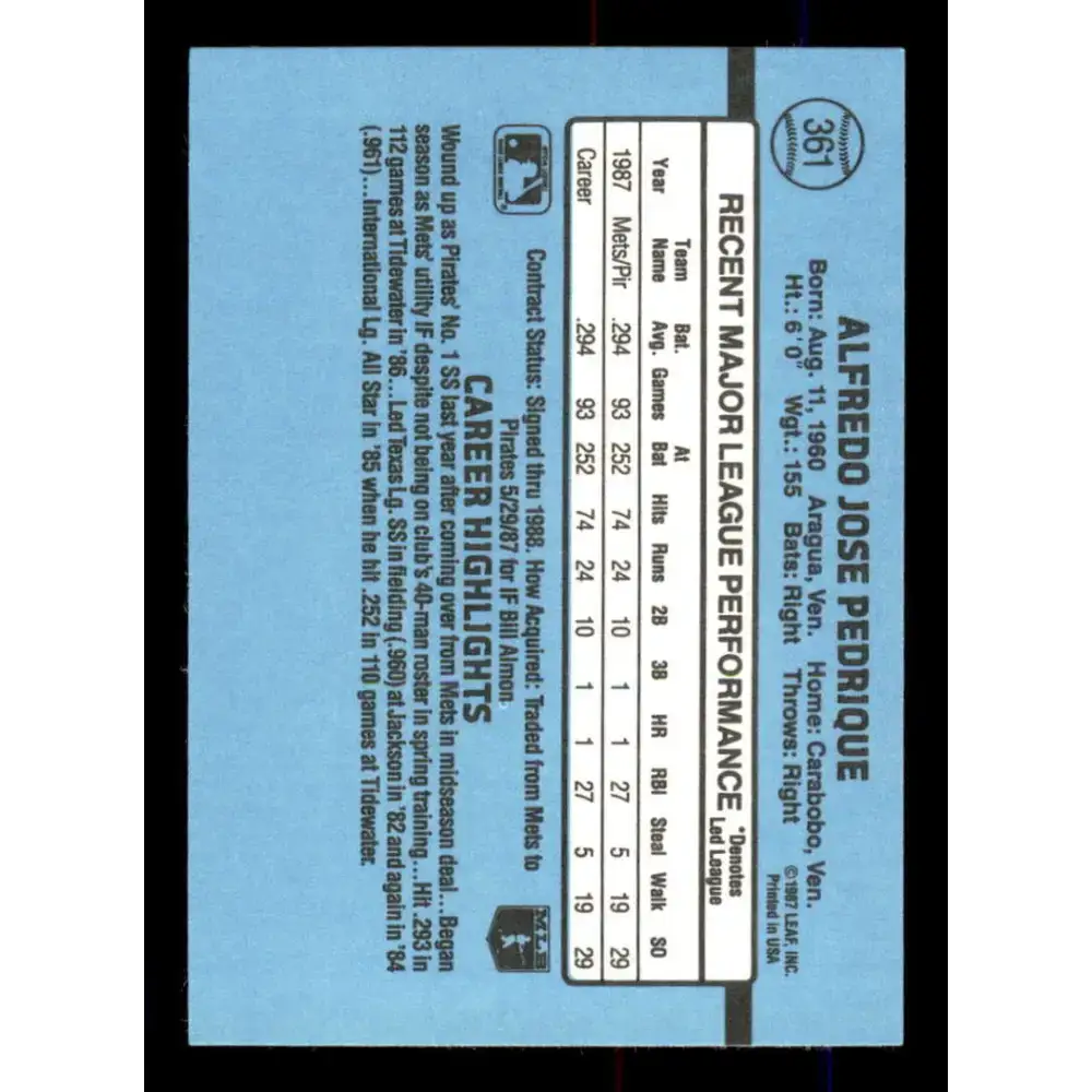 1988 Donruss #361 Al Pedrique EX Pittsburgh Pirates Baseball Card