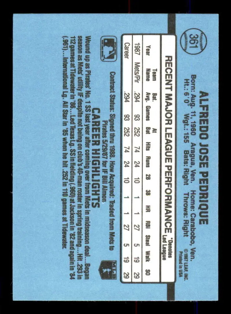 1988 Donruss #361 Al Pedrique NM-MT Pittsburgh Pirates Baseball Card - Baseball Card Single