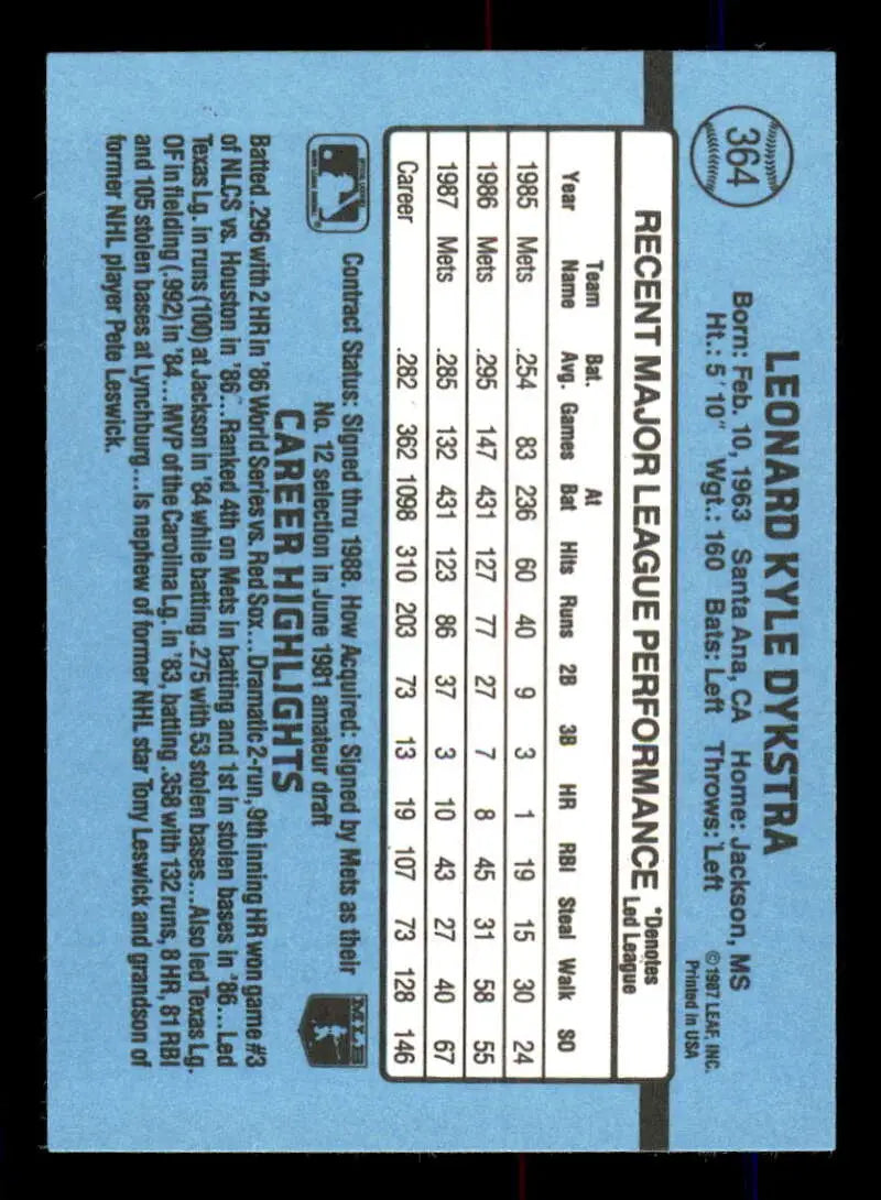 1988 Donruss #364 Lenny Dykstra NM-MT New York Mets Baseball Card - Baseball Card Single