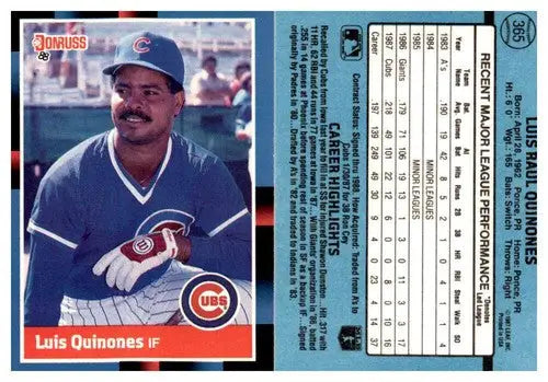 Original gloss Luis Quinones baseball card from 1988 Donruss #365 featuring Simply Sandoval