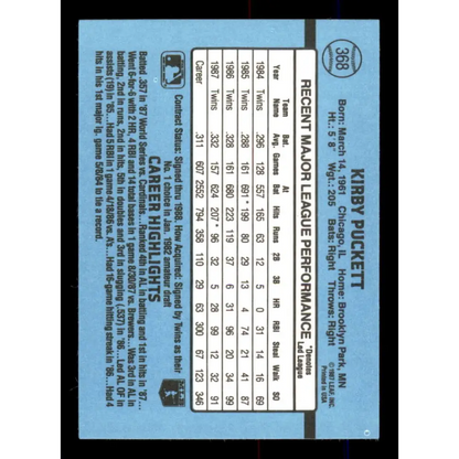 1988 Donruss #368 Kirby Puckett EX Minnesota Twins Baseball Card Image 2
