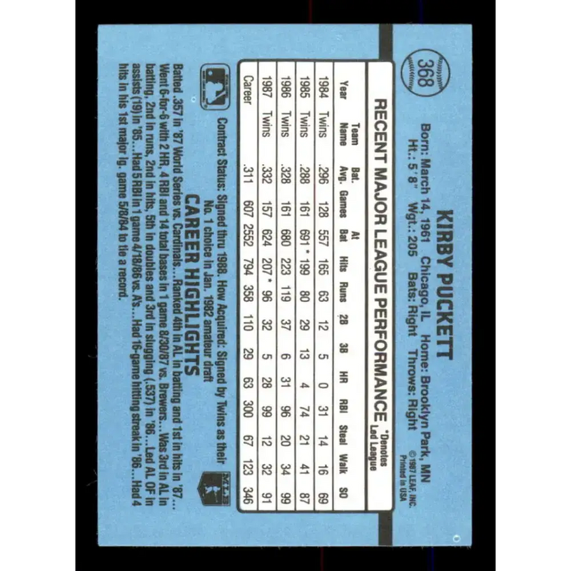 1988 Donruss #368 Kirby Puckett EX Minnesota Twins Baseball Card - Baseball Card Single