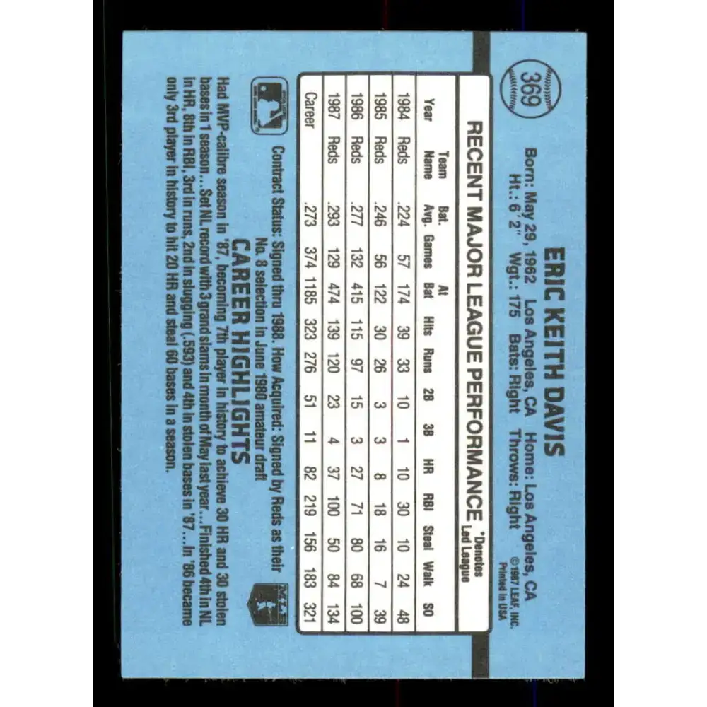 1988 Donruss #369 Eric Davis EX Cincinnati Reds Baseball Card - Baseball Card Single
