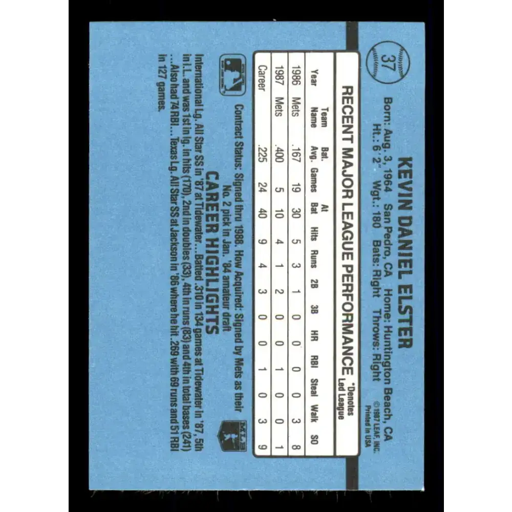 1988 Donruss #37 Kevin Elster EX New York Mets Baseball Card