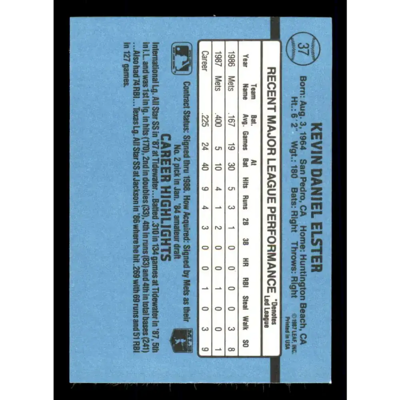 1988 Donruss #37 Kevin Elster EX New York Mets Baseball Card - Baseball Card Single
