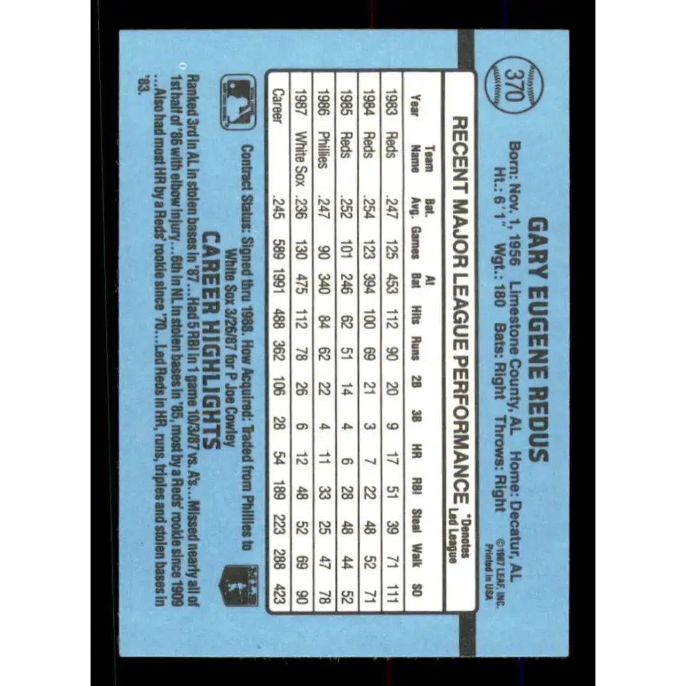 1988 Donruss #370 Gary Redus EX Chicago White Sox Baseball Card - Baseball Card Single