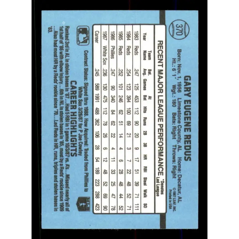 1988 Donruss #370 Gary Redus EX Chicago White Sox Baseball Card - Baseball Card Single