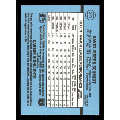 1988 Donruss #371 Dave Schmidt EX Baltimore Orioles Baseball Card Image 2