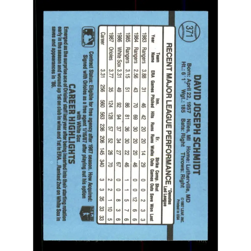 1988 Donruss #371 Dave Schmidt EX Baltimore Orioles Baseball Card - Baseball Card Single