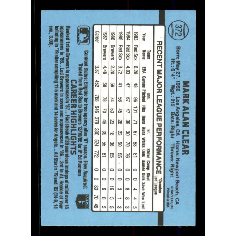 1988 Donruss #372 Mark Clear EX Milwaukee Brewers Baseball Card - Baseball Card Single