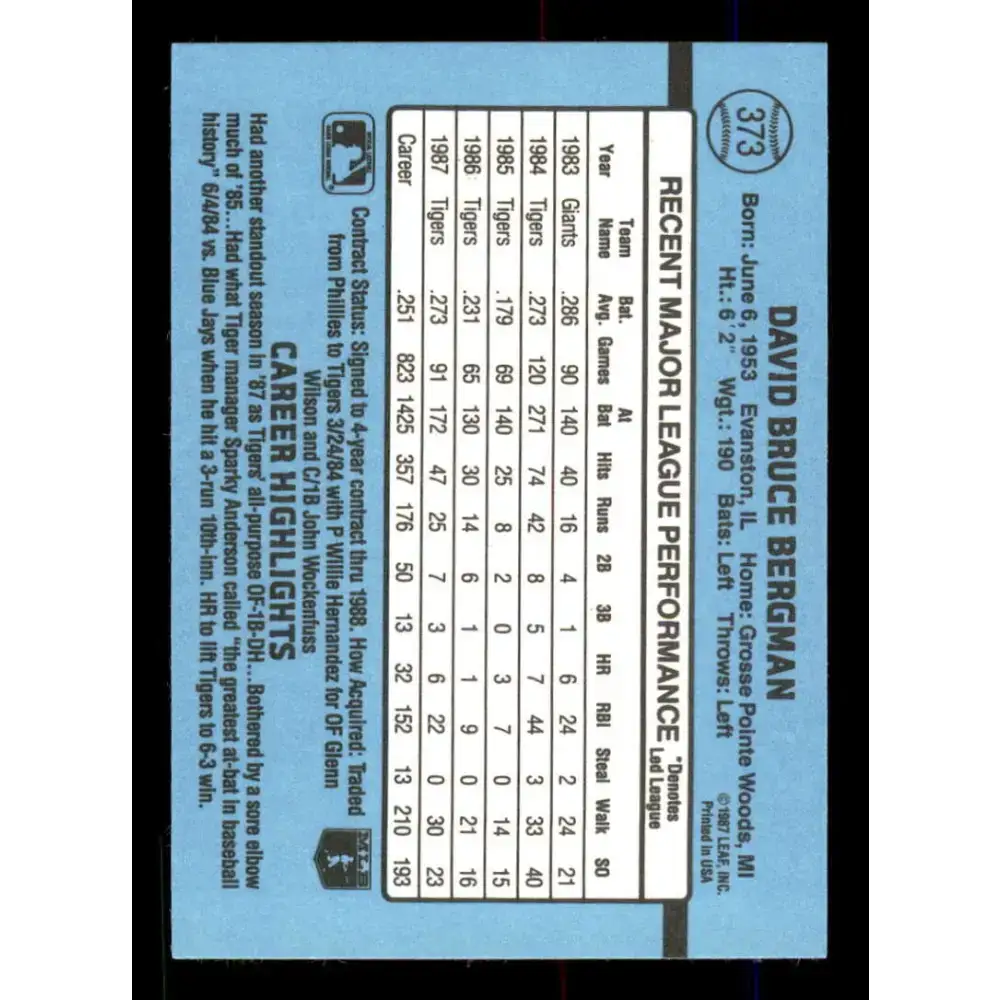 1988 Donruss #373 Dave Bergman EX Detroit Tigers Baseball Card - Baseball Card Single