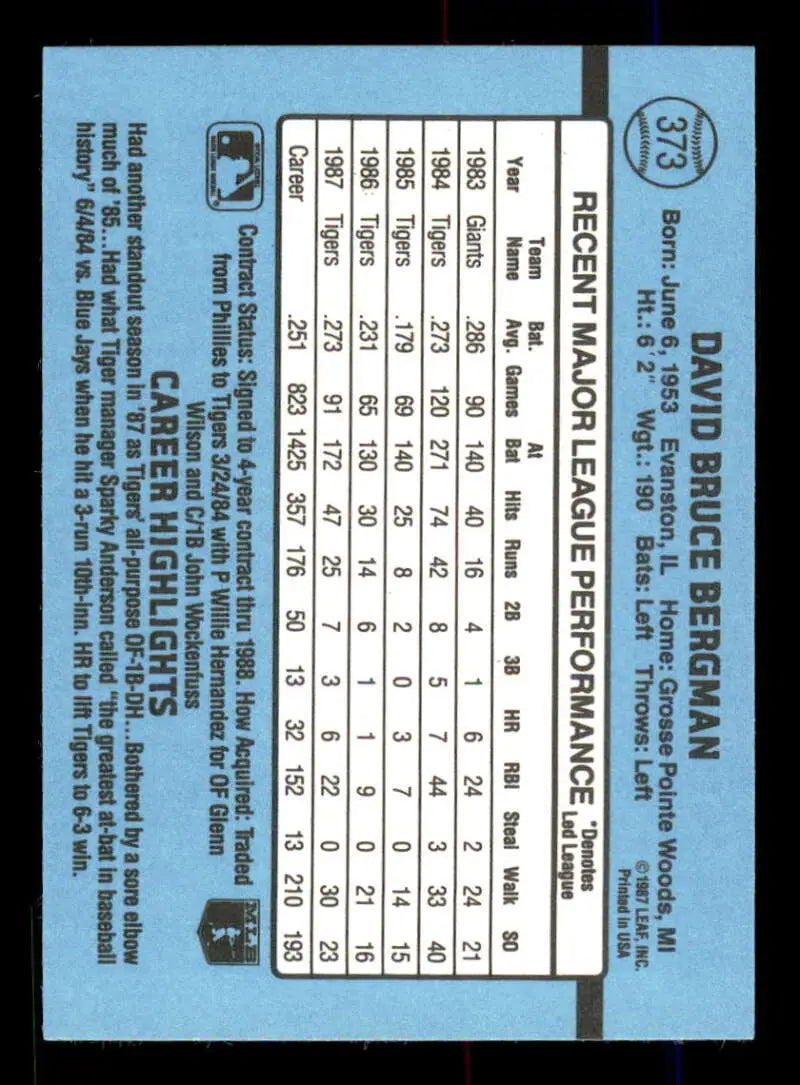 1988 Donruss #373 Dave Bergman NM-MT Detroit Tigers Baseball Card - Baseball Card Single