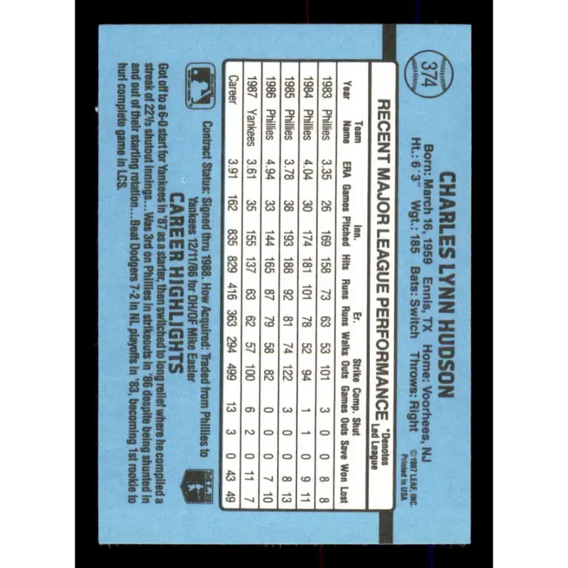 1988 Donruss #374 Charles Hudson EX New York Yankees Baseball Card - Baseball Card Single
