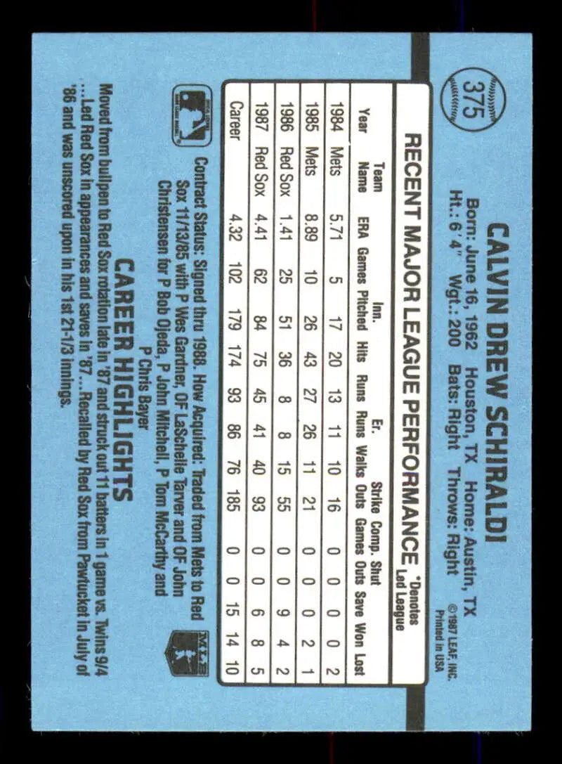 1988 Donruss #375 Calvin Schiraldi NM-MT Boston Red Sox Baseball Card - Baseball Card Single