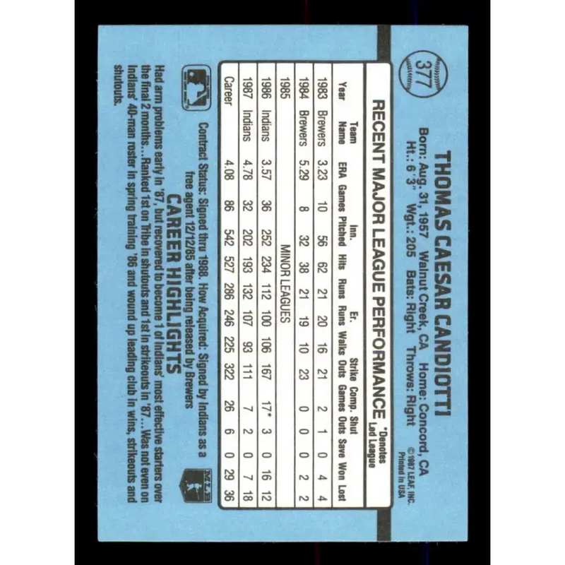 1988 Donruss #377 Tom Candiotti EX Cleveland Indians Baseball Card - Baseball Card Single