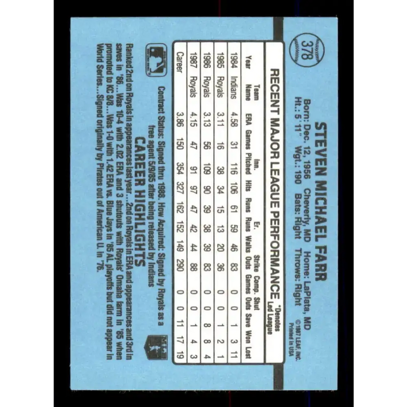 1988 Donruss #378 Steve Farr EX Kansas City Royals Baseball Card - Baseball Card Single