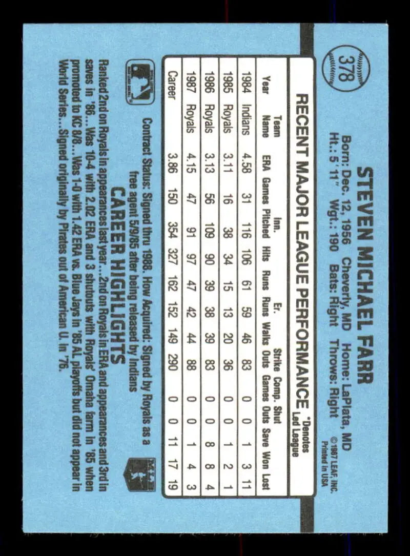 1988 Donruss #378 Steve Farr NM-MT Kansas City Royals Baseball Card - Baseball Card Single
