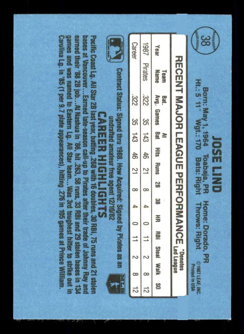 1988 Donruss #38 Jose Lind NM-MT RC Rookie Pittsburgh Pirates Baseball Card - Baseball Card Single