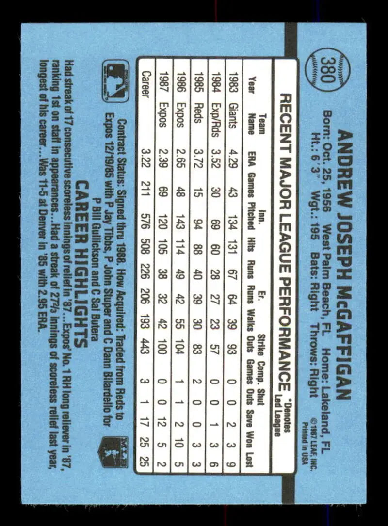 1988 Donruss #380 Andy McGaffigan NM-MT Montreal Expos Baseball Card - Baseball Card Single