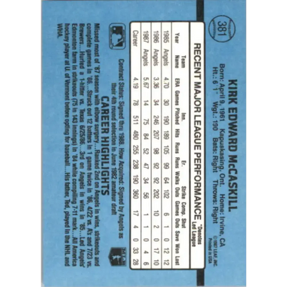 1988 Donruss #381 Kirk McCaskill EX California Angels Baseball Card
