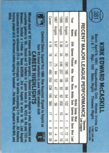 Baseball card back featuring original gloss of Kirk McCaskill NM-MT from 1988 Donruss
