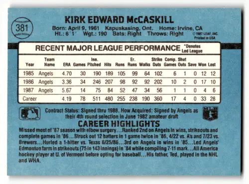 1988 Donruss #381 Kirk McCaskill NM Near Mint Angels ID:58519