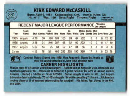 1988 Donruss #381 Kirk McCaskill NM Near Mint Angels ID:58519