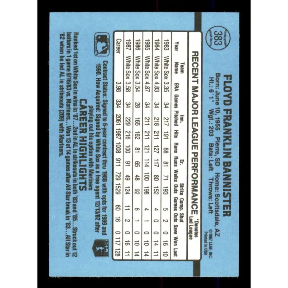 1988 Donruss #383 Floyd Bannister EX Chicago White Sox Baseball Card