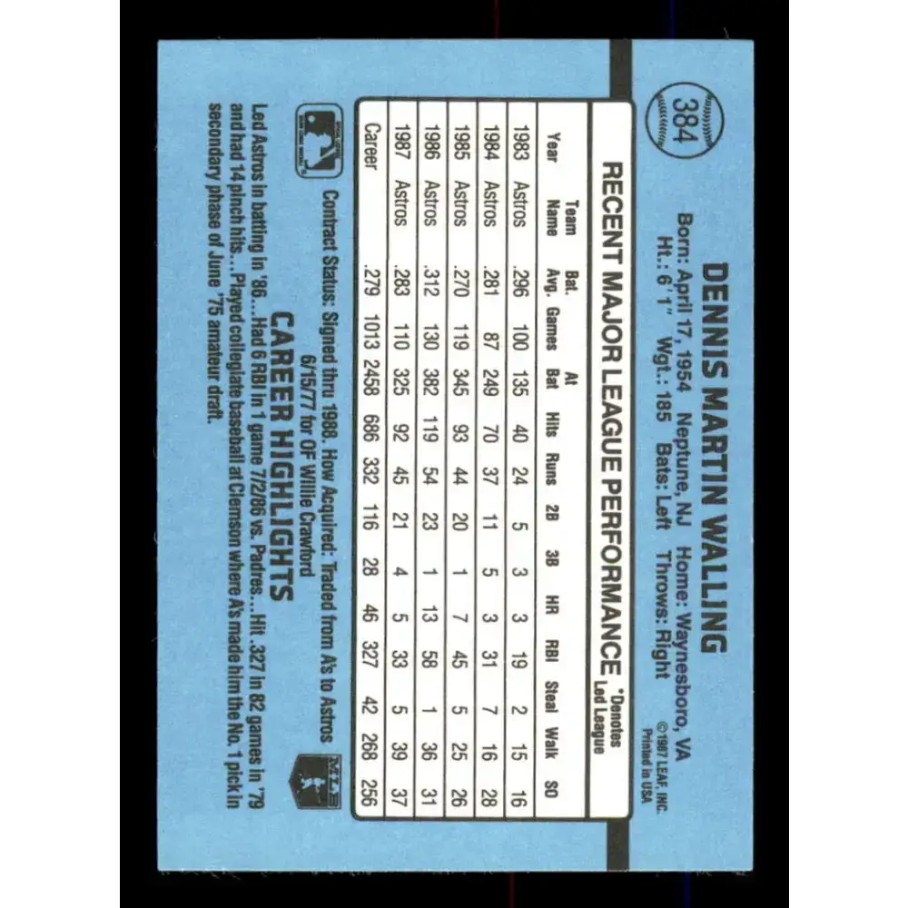 1988 Donruss #384 Denny Walling EX Houston Astros Baseball Card - Baseball Card Single