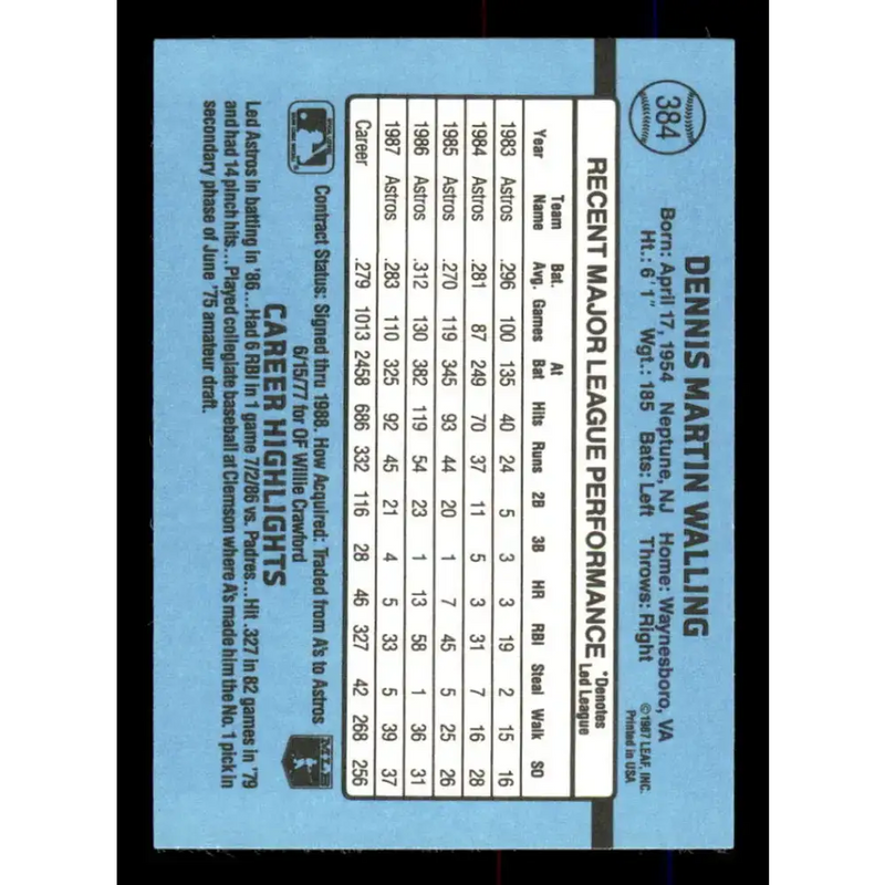 1988 Donruss #384 Denny Walling EX Houston Astros Baseball Card - Baseball Card Single