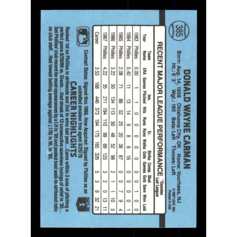 1988 Donruss #385 Don Carman EX Philadelphia Phillies Baseball Card - Baseball Card Single