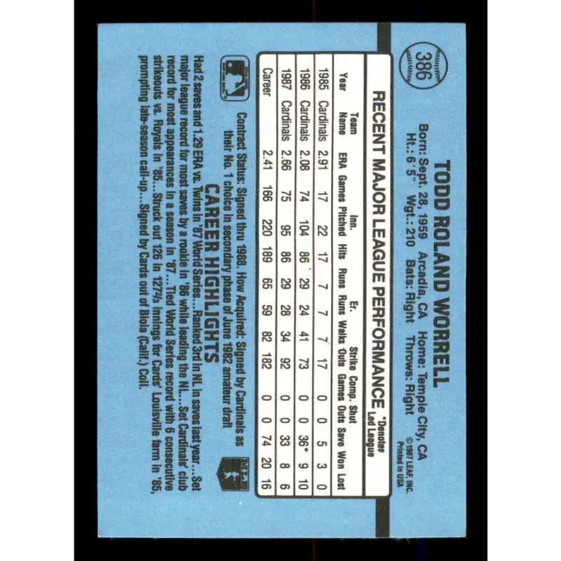 1988 Donruss #386 Todd Worrell EX St. Louis Cardinals Baseball Card - Baseball Card Single