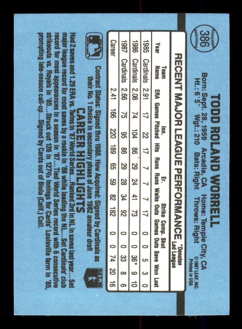 1988 Donruss #386 Todd Worrell NM-MT St. Louis Cardinals Baseball Card - Baseball Card Single