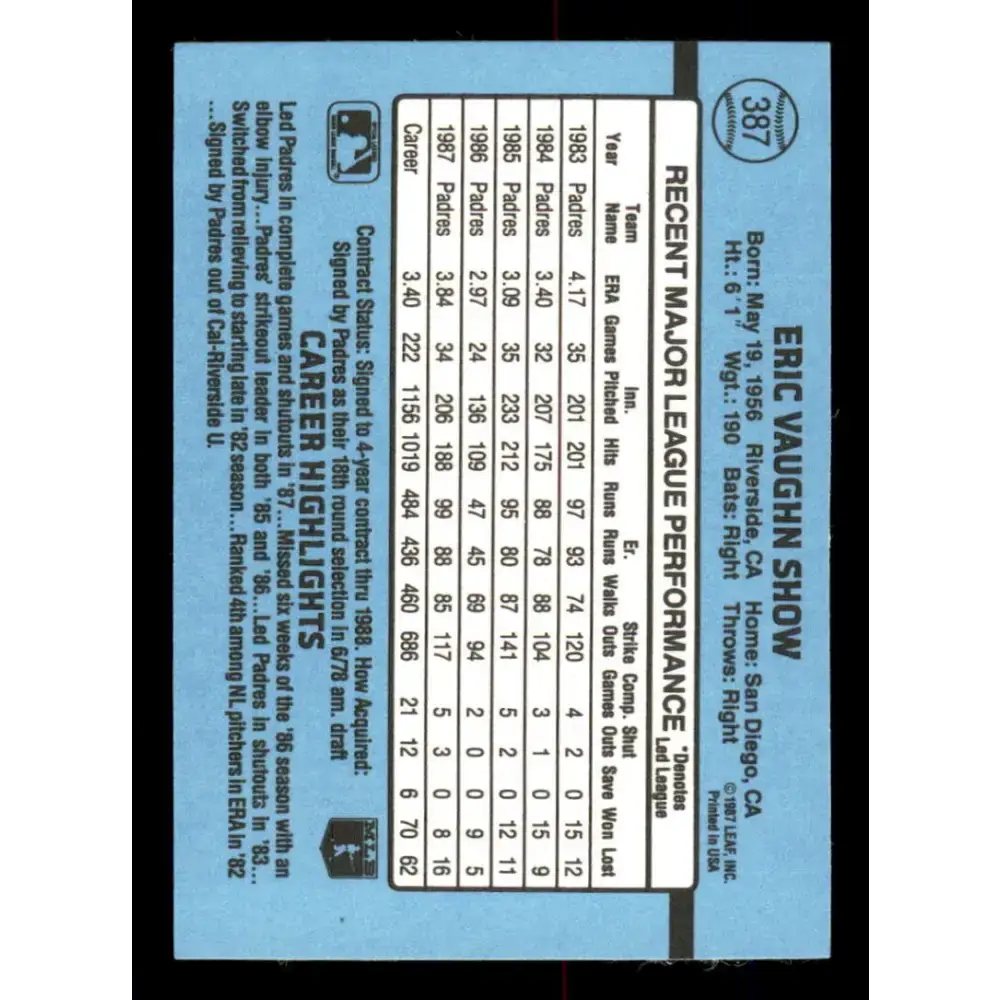 1988 Donruss #387 Eric Show EX San Diego Padres Baseball Card - Baseball Card Single