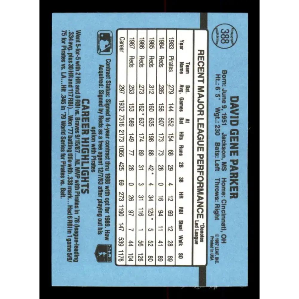 1988 Donruss #388 Dave Parker EX Cincinnati Reds Baseball Card - Baseball Card Single