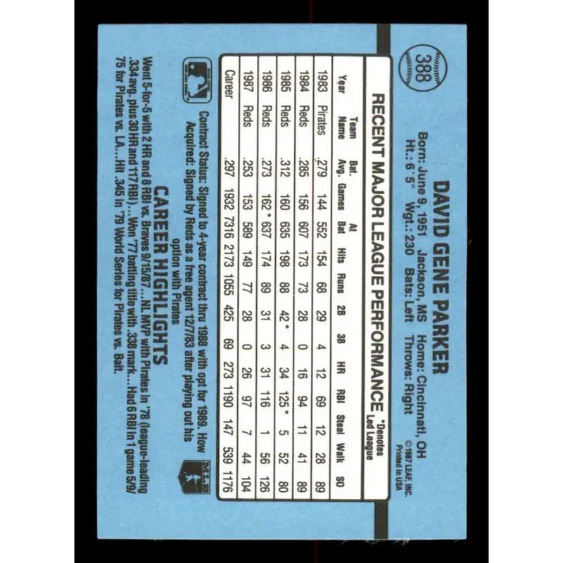 1988 Donruss #388 Dave Parker EX Cincinnati Reds Baseball Card - Baseball Card Single